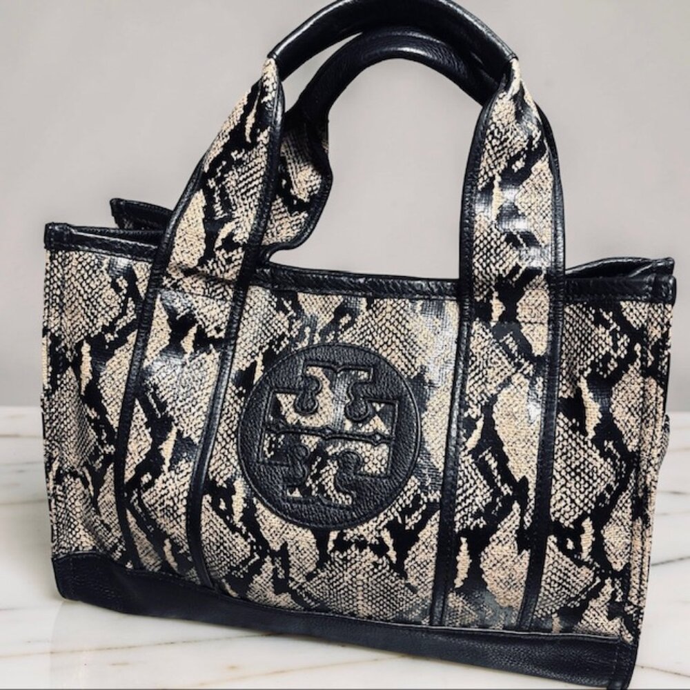 Tory Burch Ella Snakeskin Tote Black Leather Trim Medium Bag 80479-001 EUC